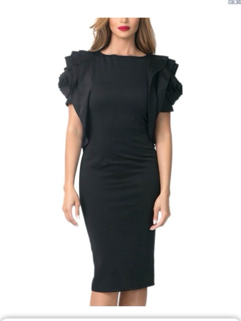 Black Midi Dress with Layered Ruffle Sleeves